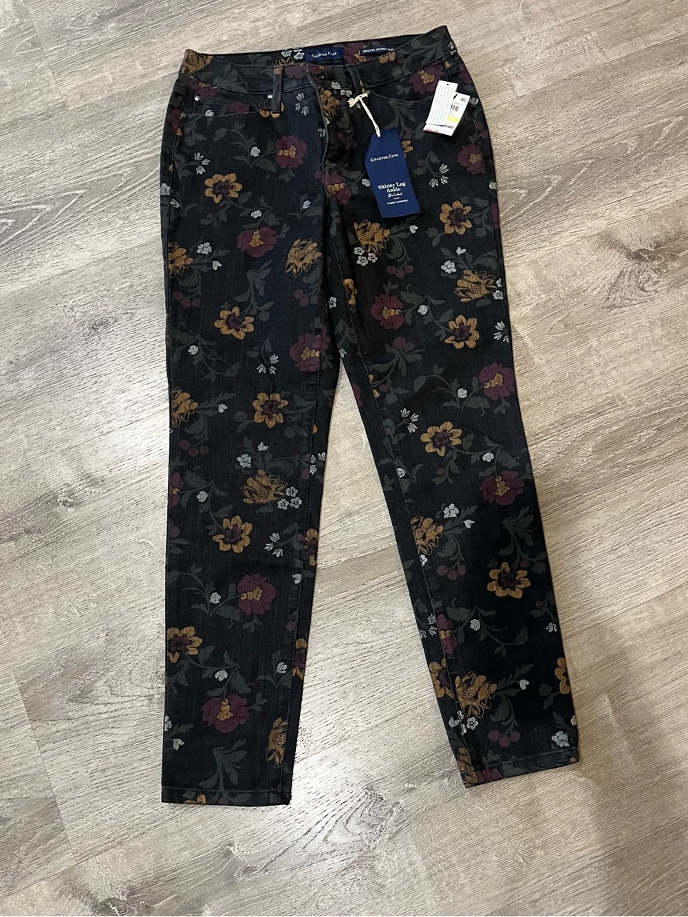 Charter Club Black Floral Skinny Jeans with Maroon and Mustard Blooms